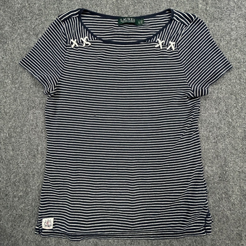 Lauren Ralph Lauren T-Shirt Womens Large Navy Striped Boat Neck Lace Up Logo Tee